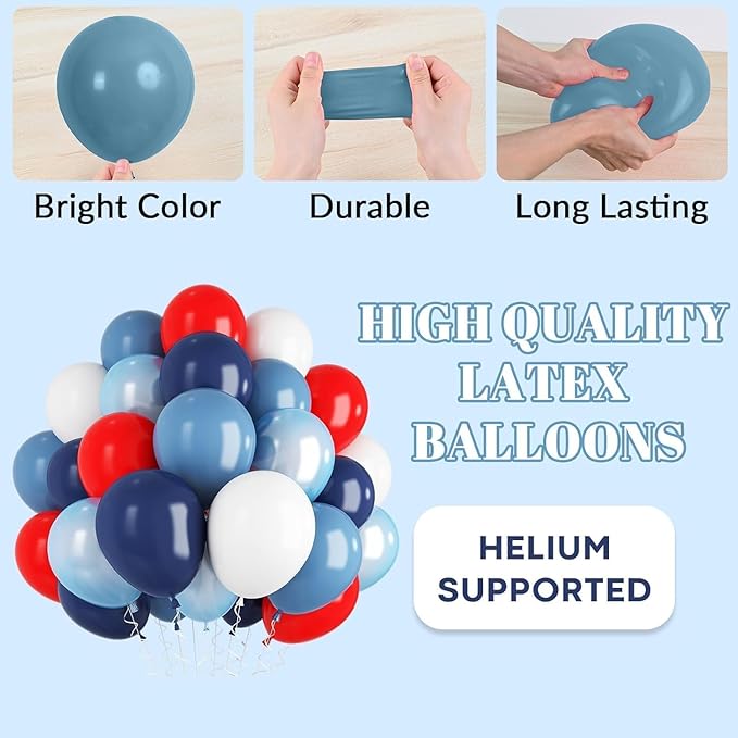 Red Blue White Balloons, 12Inch 60Pcs Retro Navy Blue Matte Red and White Balloon, Royal Blue and Scarlet Latex Balloons for Boys Men Birthday Hero Theme Baseball Party Labor Independence Day Decor