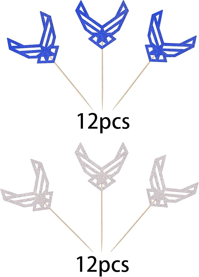 24 Pack Emblem Cupcake Toppers Glitter Army Navy Air Force Cupcake Picks for Congrats Retirement Army Military Theme Birthday Cake Decorations Party Supplies Blue Silver