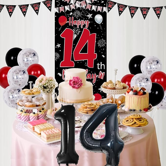 14th Birthday Decorations for Boys Girls, Happy 14th Birthday Decorations Boy, Red Black 14 Year Old Birthday Door Banner Sign, Triangle Flag, Large 14 Balloons Decor for 14 Bday Party Supplies
