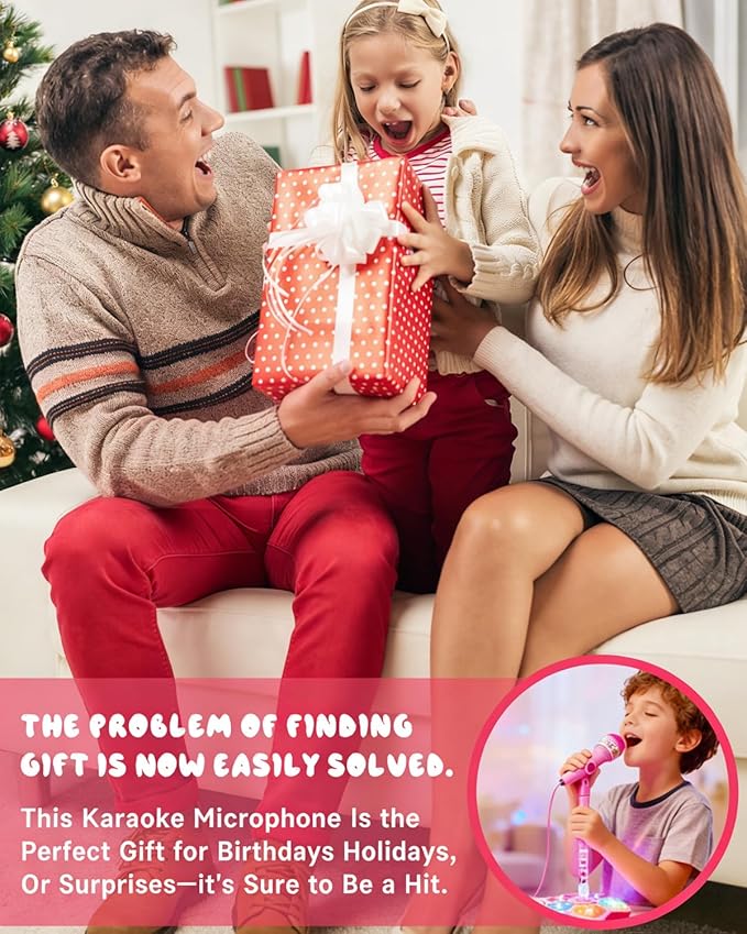 2026 New Kid Star Microphone, Kid Star Microphone with Stand, 5-in-1 Kids Stars Microphones with Adjustable Stand, Speakers and Lights, Compatible with Mobile Phones, for Festival (Pink)