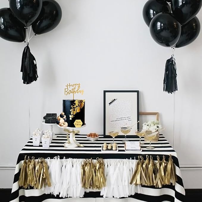 48Pcs Balls Cake Toppers Man Cake Decorations with Black Gold White Balls Acrylic Numbers 0-9 and Happy Birthday Cake Insert Toppers for Men Boy Black Theme Birthday Wedding Anniversary Party Supplies