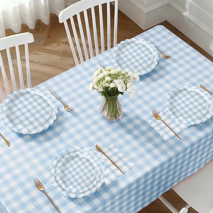102 PCS Light Blue Gingham Party Supplies - Scalloped Plates, Napkins, Cups, Forks, Banner, Tablecloth for Baby Shower, Wedding, Birthday, Serves 25