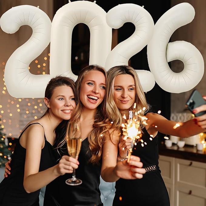 KALOR 42 Inch 2026 Cream White Foil Mylar Number Balloons, 2026 New Years Decorations for 2026 Happy New Year Eve and Graduations Party Supplies