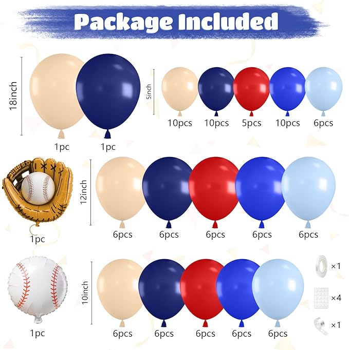 Baseball Theme Balloon Garland Arch Kit, Navy Blue Red Nude Light Dark Blue Balloon Arch with Baseball Glove Foil Balloons for Boys Baseball Themed Birthdays Party Baby Shower Decorations