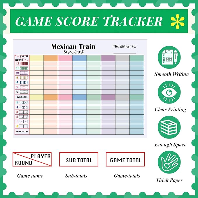 1 Pack 60 Sheets Mexican Train Score Pads Colorful Chicken Foot Dominoes Game Scorepad Adult Mexican Train Score Sheet Scoreboard Paper Record Clearly for Family Christmas (6.7 x 5 Inches)
