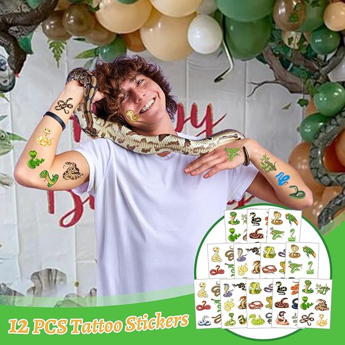 110 Pcs Snake Party Favors, Snake Temporary Tattoos Slap Bracelets Keychains Stickers Badges Snake Toy for Snake Birthday Party Decorations Supplies Gifts for Kids Classroom Rewards