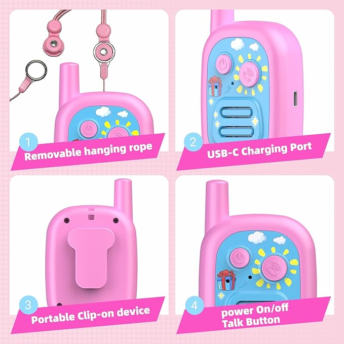 Walkie Talkies for Kids 2 Pack Rechargeable with 3 Miles Long Range, Toddler Walkies Talkies Pink Bule Toys Birthday for 3-8 Years Old Boys Girls for Outdoor Games Camping Hiking