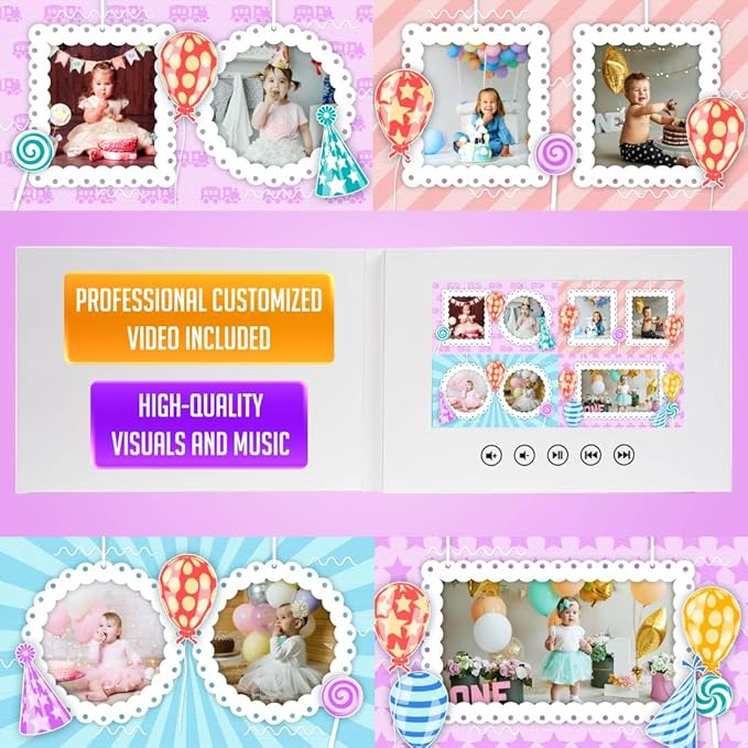Infant Personalized Birthday Video Greeting Card – Create Slideshow with Your Photos – Adorable Gift for Babies – 7-Inch Digital Screen, 4GB Storage, Rechargeable Battery, USB Charging