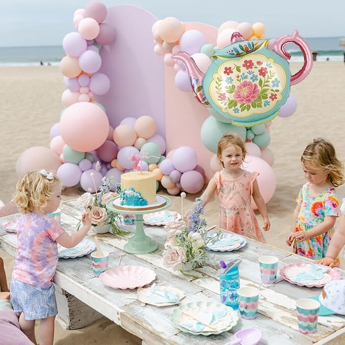 4 Pcs Tea Party Balloons, 35" Huge Teapot Aluminum Foil Balloons for Birthday, Baby Shower, Wedding, Bridal, Engagement, Bachelorette, Princess, Let's Par Tea Garden Party Decorations Supplies
