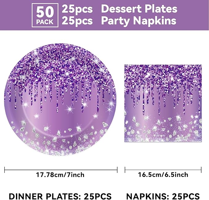 50 Pcs Purple Birthday Plates and Napkins Purple and Silver Happy Birthday Party Supplies for 25 Guests Table Decorations for Women Girl Birthday Decorations Paper Plates Napkins
