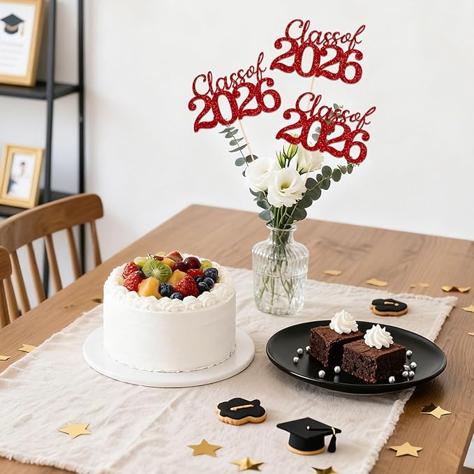 Red Class of 2026 Double-sided Graduation Table Centerpieces, 12 Pcs Grad Party Decorations with Sticks, Graduation 2026 Party Supplies for Table Decor