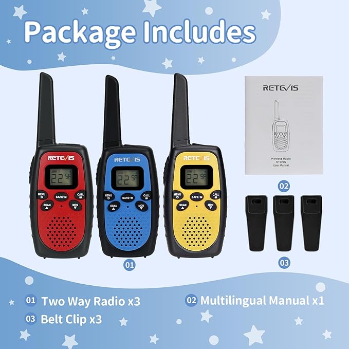 Retevis RT628S Walkie Talkies, RT628 2.0 Newer Version Portable FRS Two-Way Radios, Safe Mode, VOX Hands Free, Birthday Gifts Walkie Talkies for Adults Kids Camping Hiking Adventure (3 PCS)