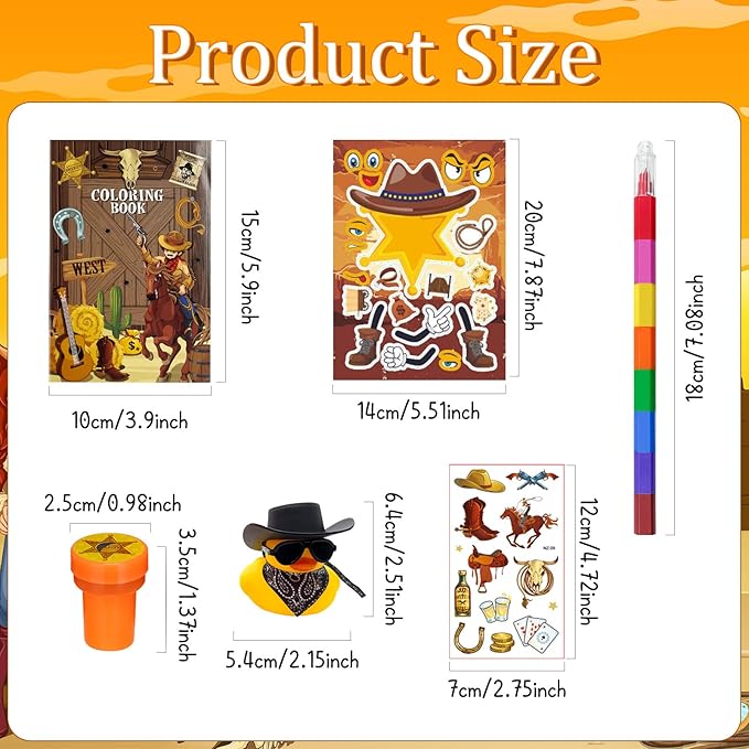 Cinrobiye 144 Pcs Western Cowboy Party Favors, Wild West Coloring Books, Stickers, Tattoos, Stampers, Rubber Ducks, Rainbow Pencils, Barn Party Supplies, Birthday Goodie Bag Fillers, Prize Bulk Set