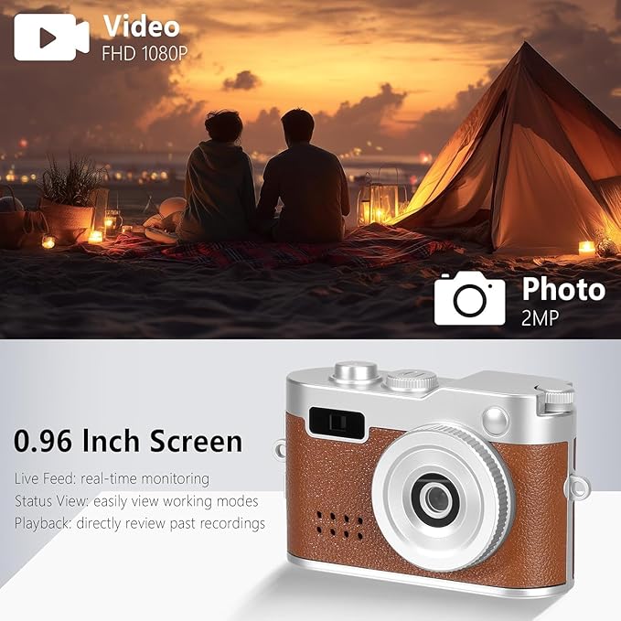 Mini Digital Camera with 32GB Card–Y2K-Style FHD 1080P Mini Retro Camera with Charging Base & Keychain Cameras Design. 1.4" LCD Screen,Vintage Cameras Ultra-Compact,Kids Camera Toys. (Brown)