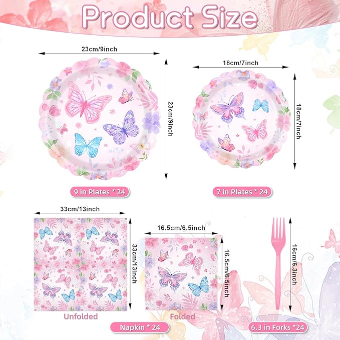 96 Pieces Butterfly Floral Tableware Set – Scalloped Edge Garden Flower Disposable Plates, Napkins, and Forks for Spring Birthday, Baby Shower, Tea Party, Mother’s Day Celebrations – Serves 24 Guests