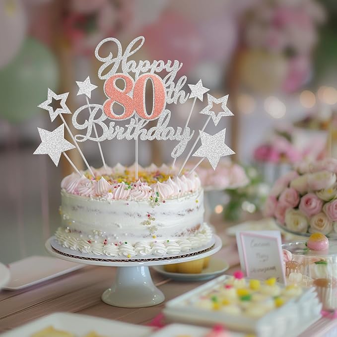 Happy 80th Birthday Cake Toppers, Rose Gold Silver Glitter Cake Decorations Set, 80th Birthday Decor, Birthday Anniversary Party Decorations Supplies