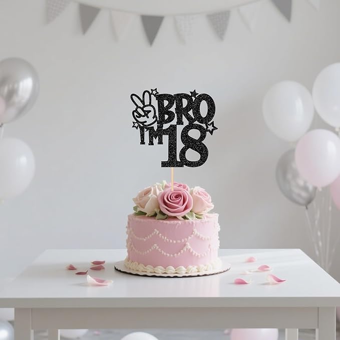 1 PCS Brother I'm 18 Cake Topper Glitter Star Happy 18th Birthday Cake Pick Bro I'm 18 Cake Decoration It's My 18th Birthday Decorations for Boys Cheers to 18 Years Old Birthday Party Supplies Black