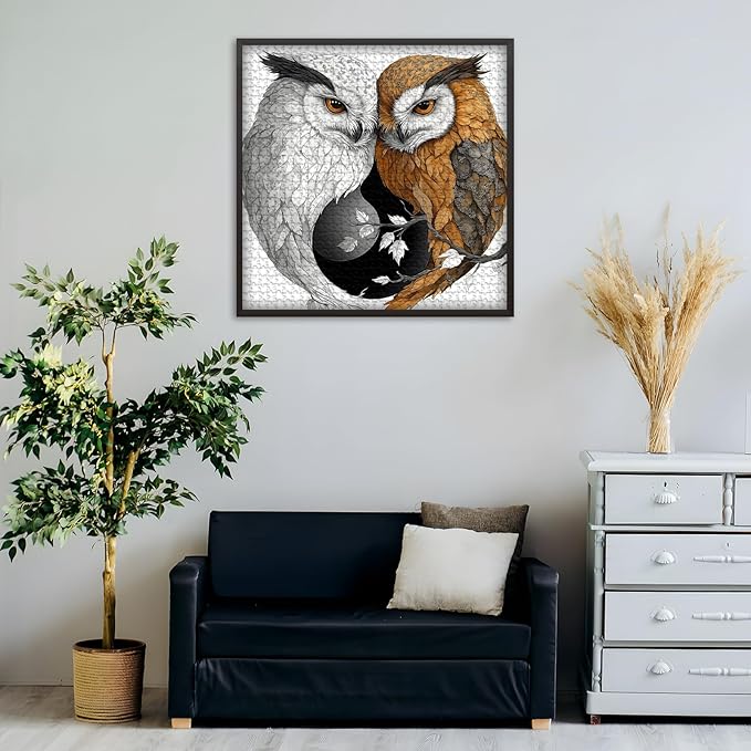 Yin Yang Owl Jigsaw Puzzle 1000 Pieces for Adults,Unique Bird Jigsaw Puzzle Features Dual Owl Balance, Black and White Animal Puzzle,Impossible Owl Home Wall Decor
