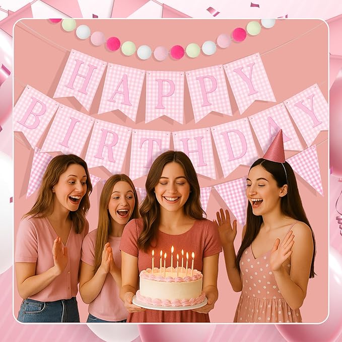 Set of 4 Pink Gingham Happy Birthday Banner Plaid Checkered Pennant Banner Decorations Felt Ball Happy 1st Birthday Garland for Gingham Party Supplies