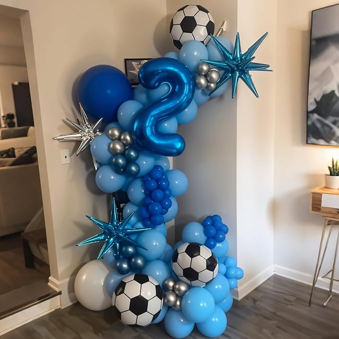Soccer Balloons, 60Pcs 12 Inch Metallic Blue Silver White Confetti Soccer Party Latex Balloons for Kids Boy Soccer Birthday Sport Party Decorations Sports Baby Shower Graduation Party Supplies