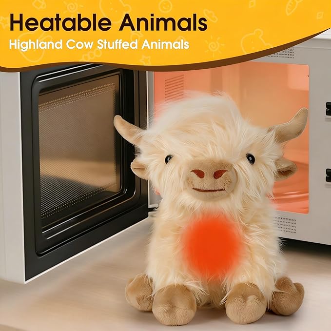 OROZCOR Microwavable Highland Cow Stuffed Animal, Weighted Highland Cow Plush Toys, Cute Weighted Stuffed Animals Gifts for Adult Kids Girls Boys (Microwavable White)