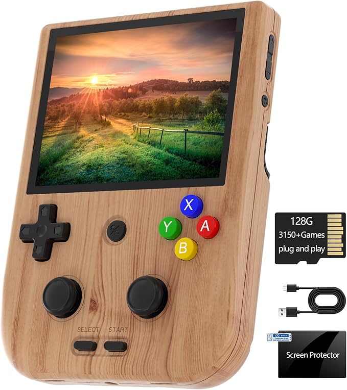 RG405V Handheld Game Console 4’’ IPS Touch Screen Android 12 Unisoc Tiger T618 64-bit Game Player Built-in 5500mAh Battery 128G TF Card with 3154 Games(RG405V Wood)