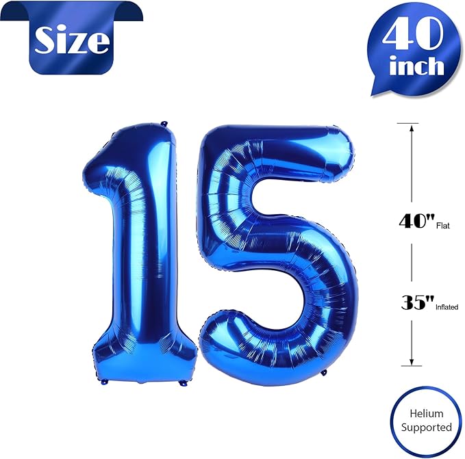 Navy Blue Number 15 Balloon 40 inch, 15 Number Balloons, 15th Navy Blue Birthday Decorations, 15 Year Old Girls Boys Blue Party Supplies
