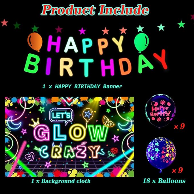 Neon Glow Party Decorations Supplies Include Neon Let's Glow Backdrop Glow in The Dark Party Supplies, 18Pcs Glow in the Dark Balloons and 1Pcs Glow Party Banner for Neon Birthday Party Decorations