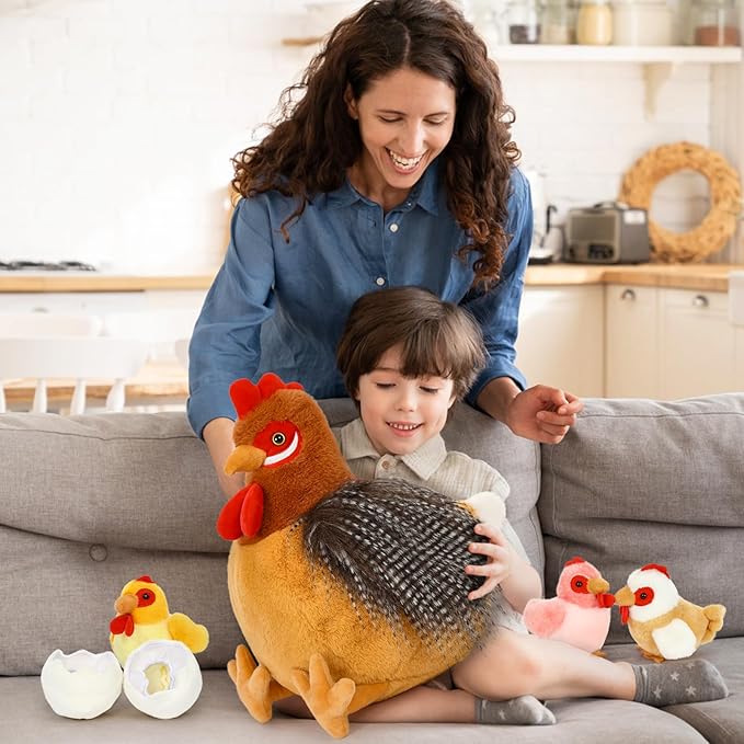 8Pcs Easter Chicken Stuffed Animal, Stuffed Hen with Little Baby Chicks and Coop, Rooster Plush Gifts Toys for Kids, Hit of Christmas Farm Party