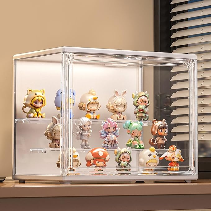 Acrylic Display Case with Lights, Clear Showcase with Detachable Shelf, Stackable Storage Bins for Collectibles, Action Figure, Popmart (L-1 Pack)