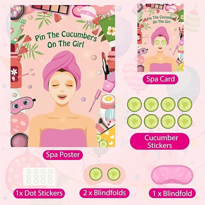 PLULON Spa Party Game for Girls Party, Pin The Cucumber on The Girl Spa Game Poster for Kids Girl Spa Birthday Makeup Sleepover Slumber Party Supplies Women Party Decor