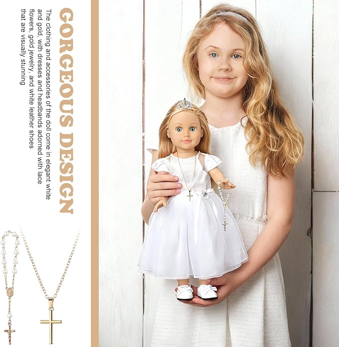 7 Pcs 18 Inches American Doll Clothes Outfit First Communion Dress with Matching Headband Veil Bracelet Shoes Socks Necklaces Fit 18 Inches Dolls, Doll Not Included(Crown)