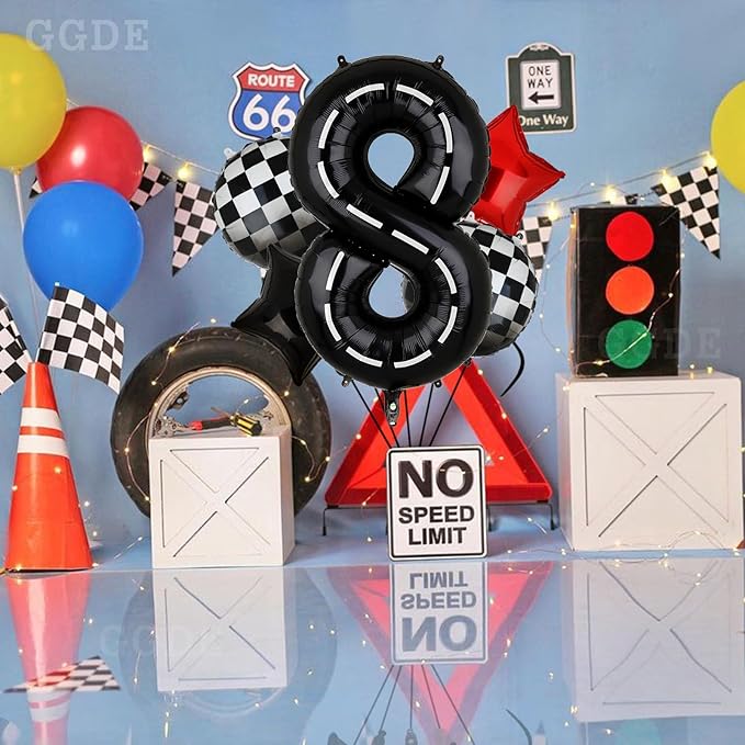 Race Car Birthday Balloons 40 Inch Racetrack Number Balloon 8 Black Boys 8st Birthday Race Car Theme Party Decor Supplies 5 Pcs