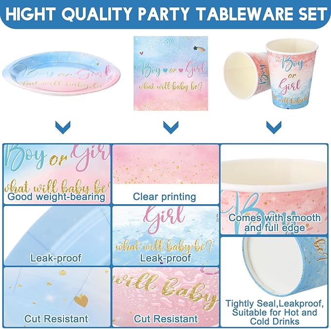 Hushee 200 Pcs Gender Reveal Baby Shower Paper Plates Napkins Cups Baby Shower Party Supplies Tableware Set Disposable Cup Napkin for 50 Guest Party Decoration