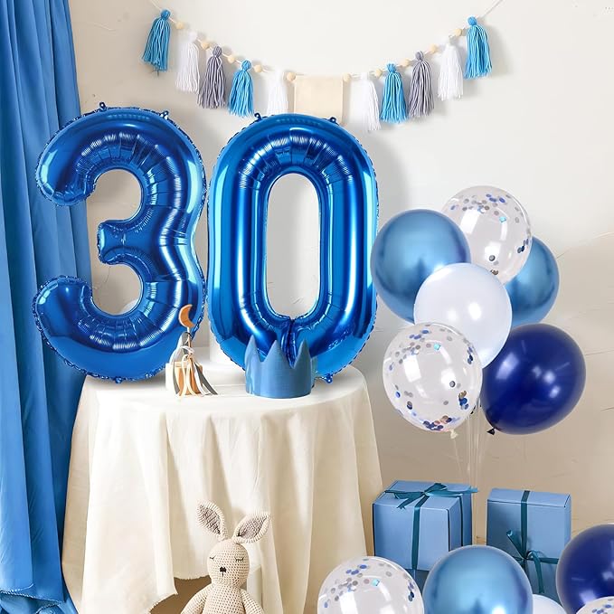 Number 30 Balloon Pastel Blue for Kids, XXL 30th Birthday Decor Foil Balloon Dark Navy Blue with Silver Confetti Helium Balloon, 40 Inch Balloon 30 for Women Birthday Party Men Anniversary Decorations