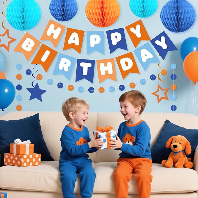 Happy Birthday Decorations for Boys, Blue and Orange Birthday Banner with Honeycomb Balls, Stars Hanging Swirl Streamers, Circle Dots Garland for Birthdays Party Supplies