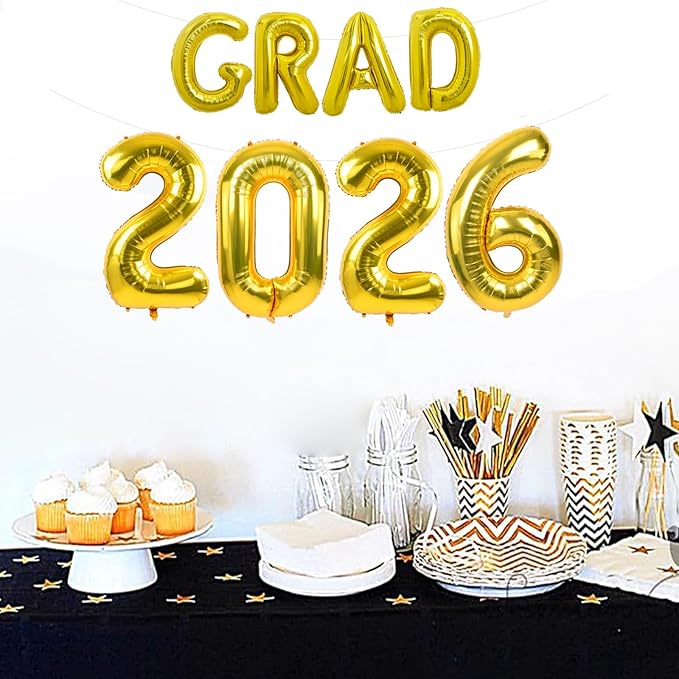 TONIFUL Graduation Balloons 16 Inch Gold Grad Balloons 40 Inch Gold Large Number 2026 Foil Balloons for 2026 Graduation Party Graduate Congratulations 2026 Congrats Grad Decorations