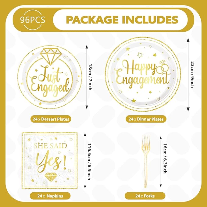 96Pcs Happy Engagement Party Supplies Gold Just Engaged Plates and Napkins Tableware Sets She Said Yes Engagement Decorations for Engaged Proposal Wedding Bridal Shower Married Party Favors Serve 24