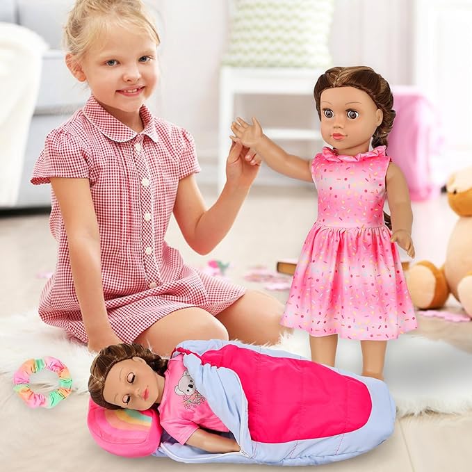 K.T. Fancy American Girl Doll Clothes for 18 Inch Dolls Accessories - Pink Outdoor Dress, Top, Pants, Shoes, Hairband, Rainbow Pillow, Outdoor Space Sleeping Bag (No Doll)
