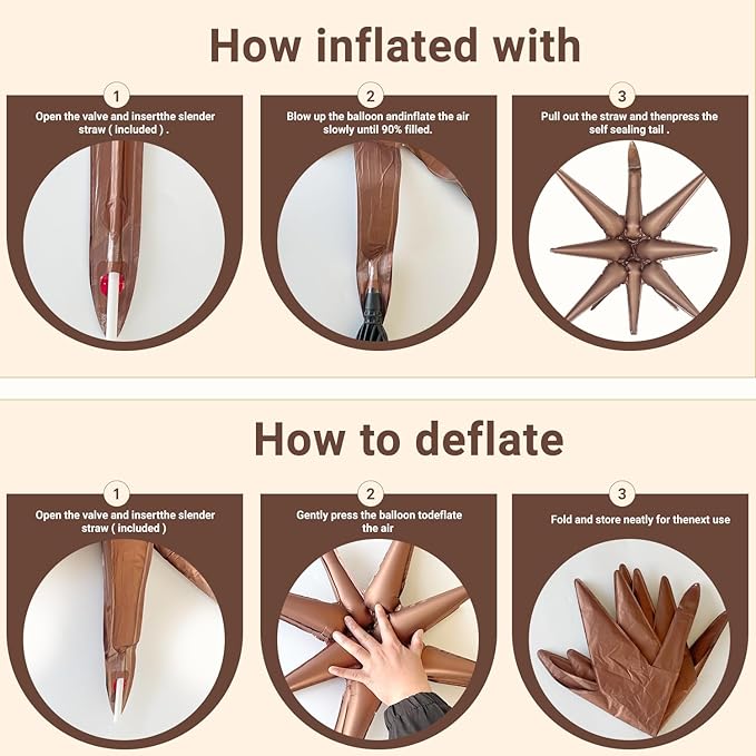 6 Pcs Brown Star Foil Balloons One-Piece 14-Pointed Star Balloon 4D Cone Mylar Balloon 22inch Christmas Birthday Wedding Wedding Anniversary Party Supplies(Brown)