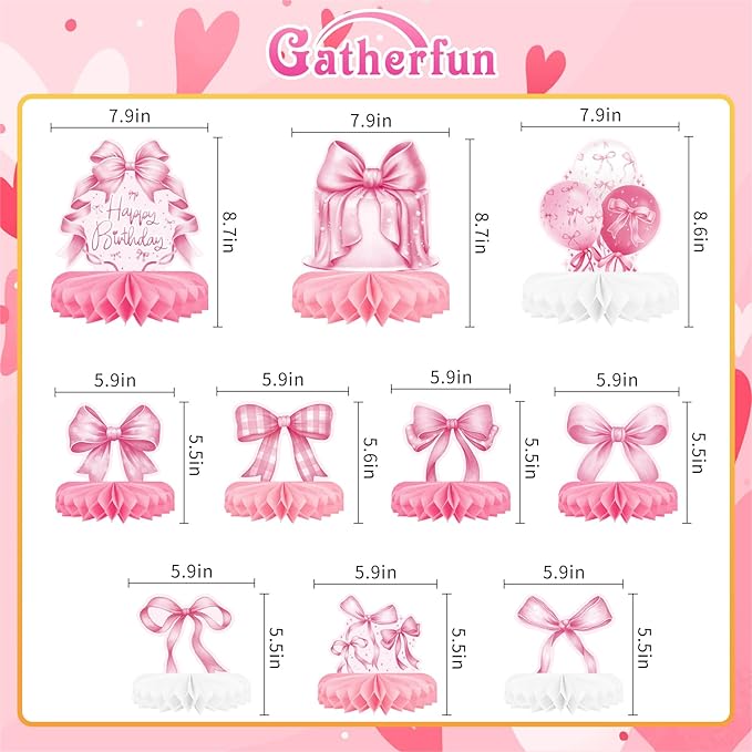 Pink Bow Birthday Decorations Set - Bow Party Decorations with Honeycomb Centerpieces & Table Centerpieces for Splendid Pink Bow Themed Party Supplies