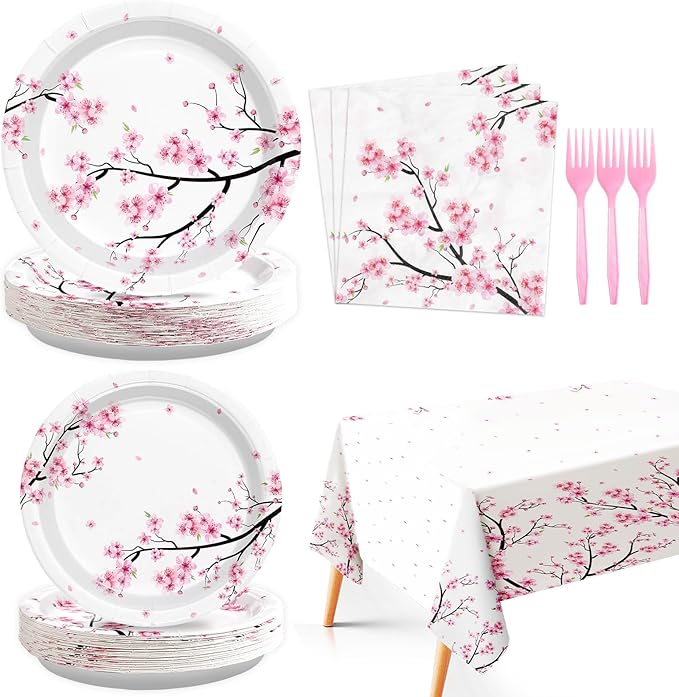 98Pcs Cherry Blossom Party Decorations Cherry Blossom Birthday Plates and Napkins Spring Pink Floral Tablecloth Tableware Set Decorations for Wedding Bridal Shower Retirement Party Supplies Serve 24