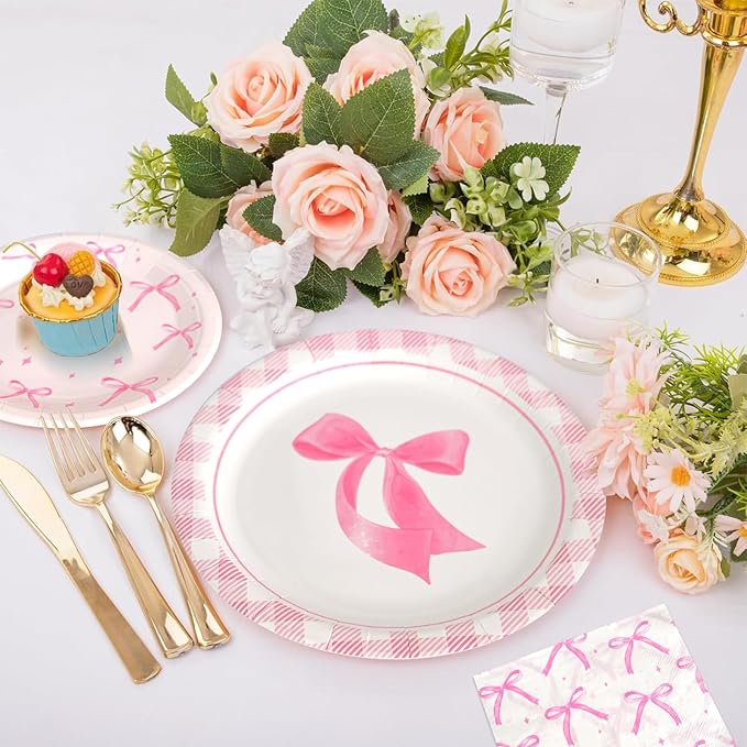 180Pcs Pink Bow Party Supplies Paper Plates and Napkins Serve 60 Disposable Tableware Set for Birthday Party Decorations Game Day Family Holiday Sports Events