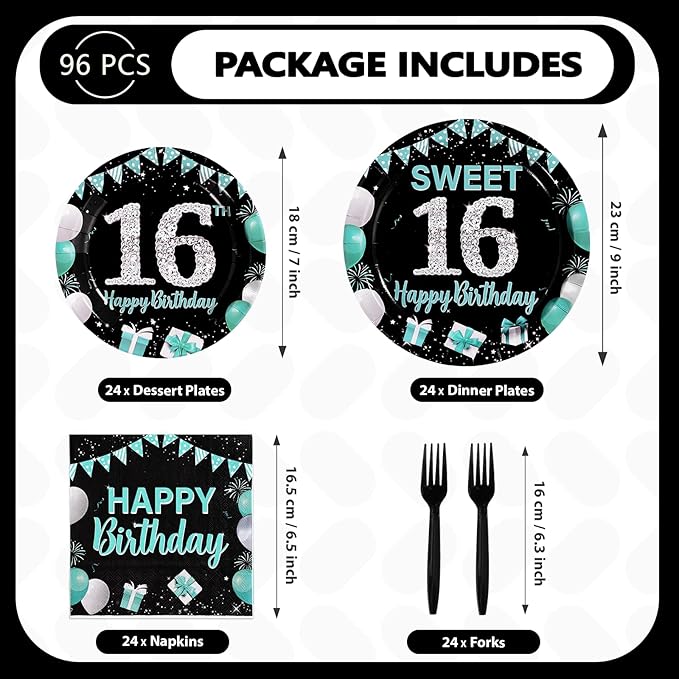 96Pcs 16th Birthday Party Supplies Teal Blue and Black Plates and Napkins Disposable Turquoise Sweet 16 Years Old Paper Tableware Set for Boys Girls 16th Birthday Party Decorations Serves 24