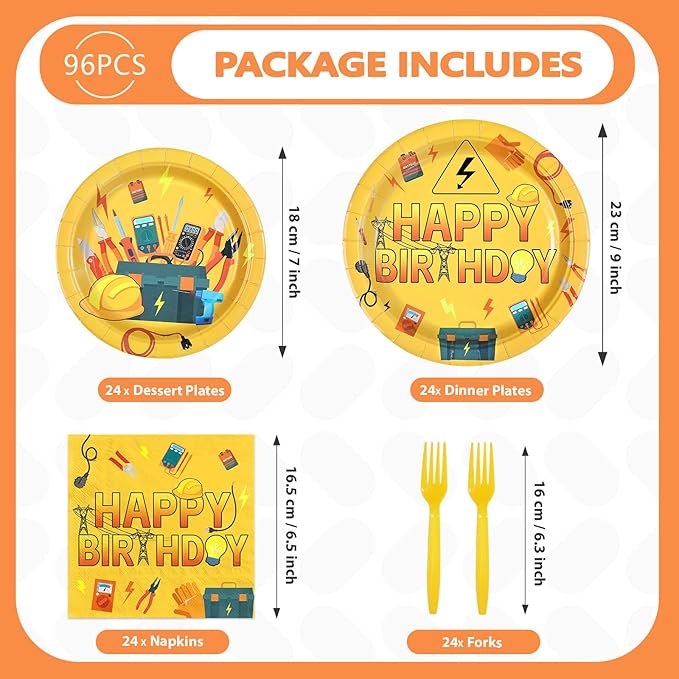 96Pcs Electrician Birthday Party Decorations Power Electrician Lineman Plates and Napkins Tableware Set Wire Gloves Bulb Switch Theme Decor for Boys Man Construction Birthday Party Supplies Serves 24