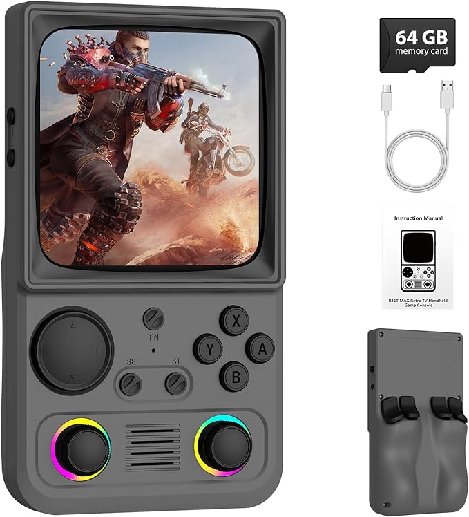 R36TMAX Retro Handhled Game Console, 4.0 Inch Retro Gaming Console with 4000mAh Battery, 64GB Preloaded with 18000+ Video Games, Portable Retro Game Console Supports WiFi Networked Fighting, Gray