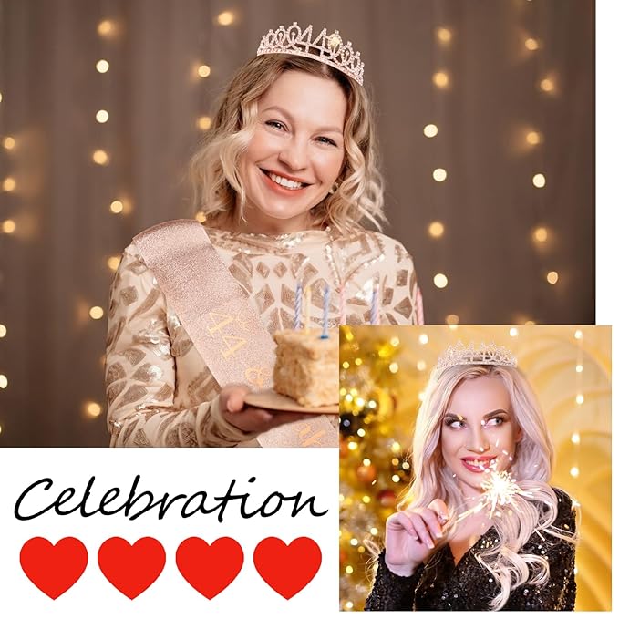 CIEHER 44th Birthday Crown & Sash Set + Pearl Pin, Fabulous 44 Birthday Tiara, Decorations & Gifts for Women