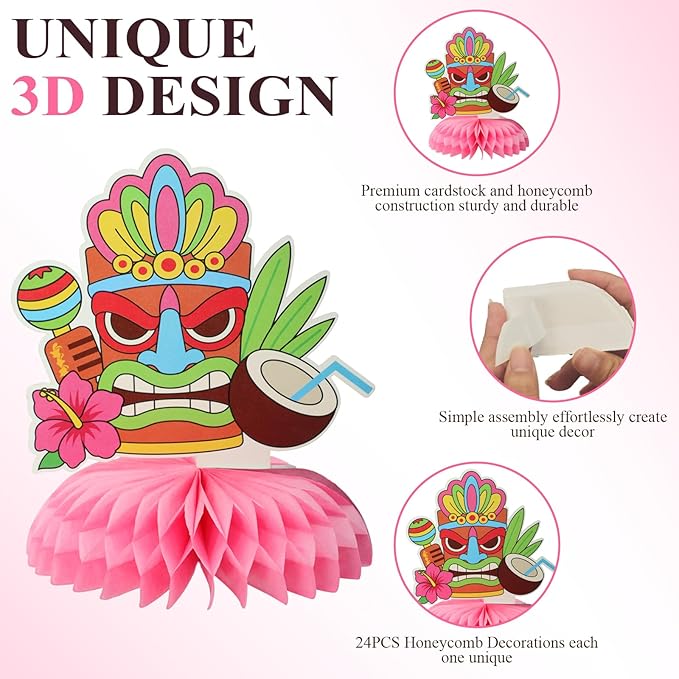 24 Pcs Luau Party Decorations Honeycomb Centerpieces, Hawaiian Party Decorations Centerpieces for Tables