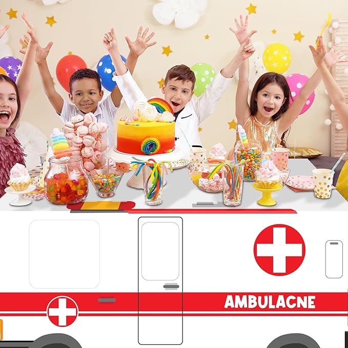 Cumule Large Ambulance Tablecloths Ambulance Birthday Party Decorations Washable Polyester Rectangle Table Cover Decor for Dinner Picnic Table Cloth School Home Decoration 70.8x30.7x30.7Inch