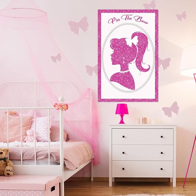 Hooqict Girls Princess Party Games Pin The Bow on The Head Birthday Games for Kids Party Pink Girl Birthday Party Decorations Supplies, Large Pin Tail Game Poster with 40 Bow Stickers